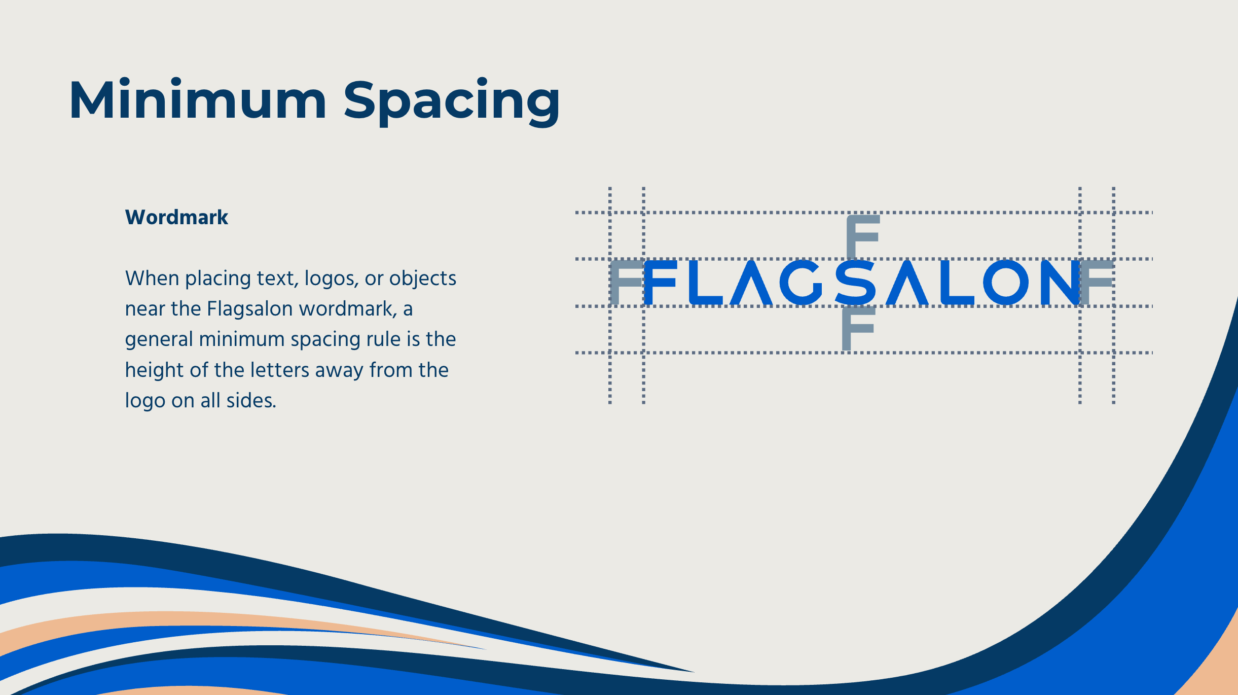 A slide deck screenshot of the FlagSalon logo minimum spacing