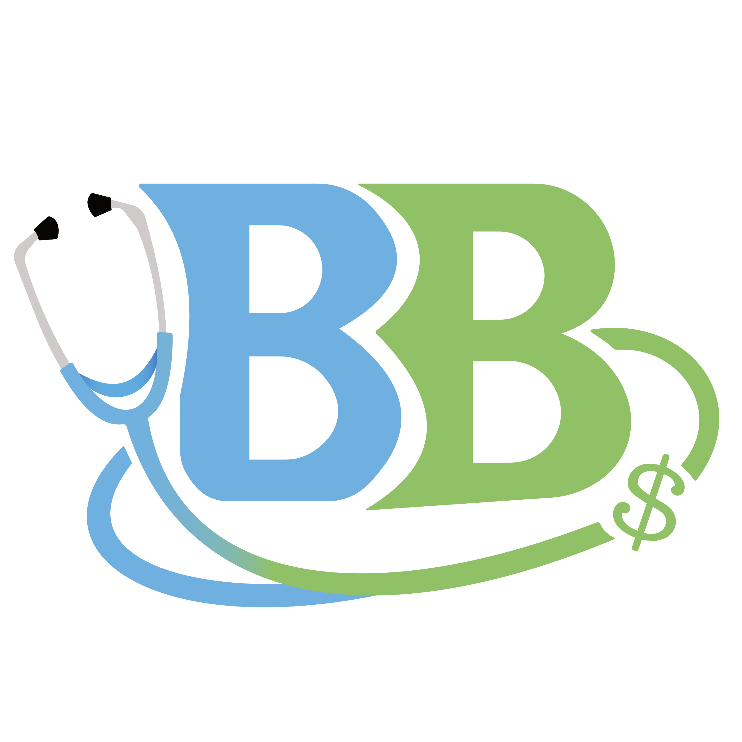 A blue "B" and a green "B" with a blue and green stethoscope wrapped around.