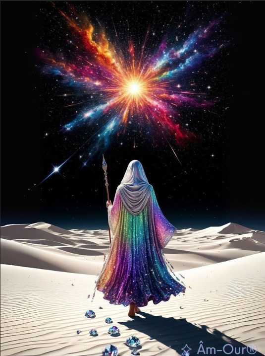 Figure drapée de lumière arc-en-ciel marchant dans le désert vers une explosion cosmique – symbole d’élévation spirituelle, de stabilité intérieure et d’incarnation consciente de sa mission de vie – image vibratoire de la guidance Âm-Our®.