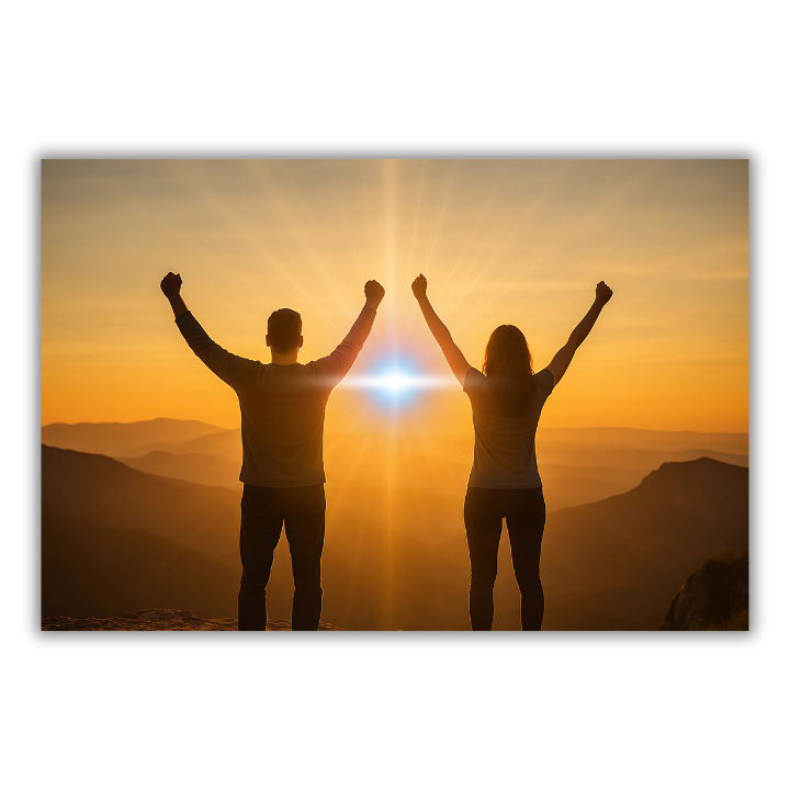Personne levant les bras vers la lumière :
Silhouette humaine en extase devant la lumière au coucher du soleil, symbolisant la victoire de l’esprit et l’ouverture du cœur.