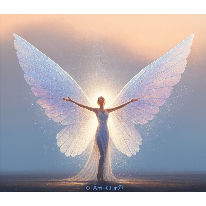 Femme ailée en pleine ouverture, rayonnant la lumière de l’âme éveillée – symbole de reconnexion spirituelle, d’acceptation du chemin de l’être et d’alignement à la mission de vie – illustration vibratoire de l’accompagnement Âm-Our®.