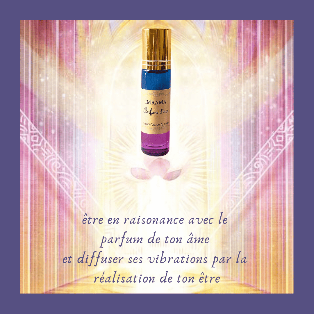 Une bouteille de parfum avec un fond lumineux et éthéré. Il y a un message en français qui parle de l'importance d'être en harmonie avec le parfum de son âme et de diffuser ses vibrations à travers la réalisation de son être.