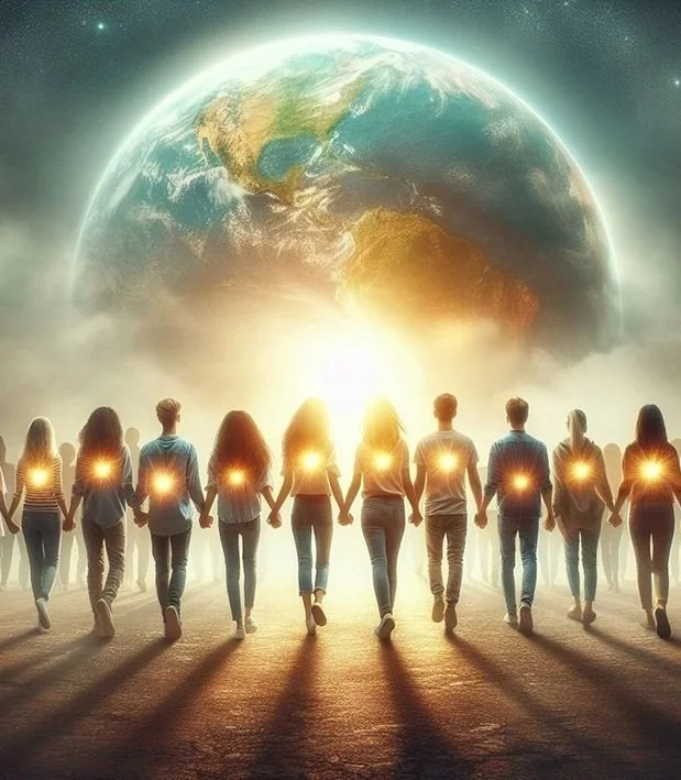 NexTus - êtres lumineux avançant ensemble vers un horizon doré, symbolisant l’unité, la conscience collective et l’élévation vibratoire du projet NexTus.