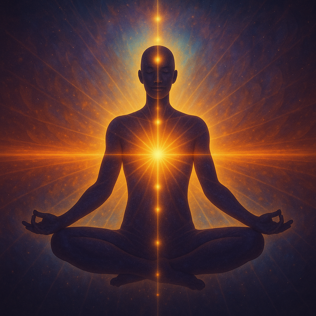 Silhouette en méditation, colonne de lumière activée et rayonnement du cœur – symbole d’alignement énergétique, d’activation vibratoire et d’union sacrée entre esprit, cœur et matière – accompagnement Âm-Our® pour incarner son essence.