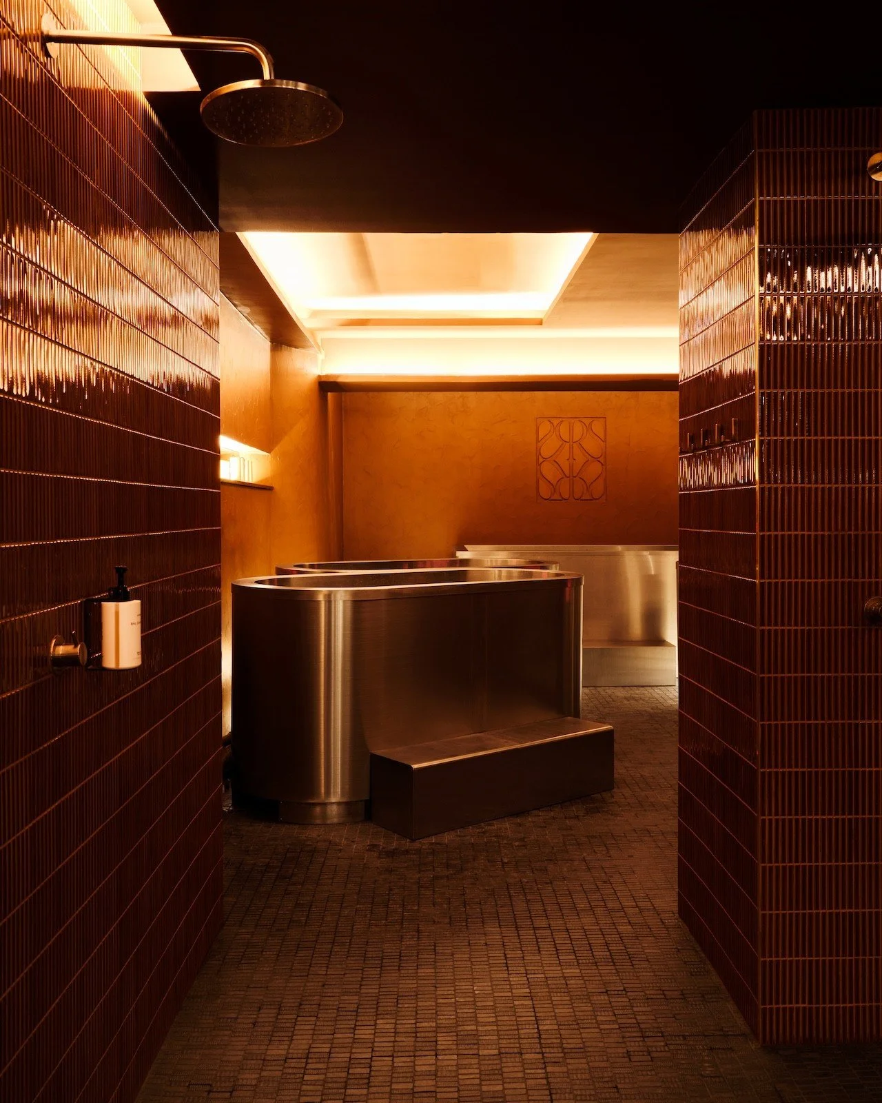 Vue intérieure d'une salle de bain avec murs en carrelage marron, pomme de douche suspendue au plafond, et cabines de douche en acier inoxydable