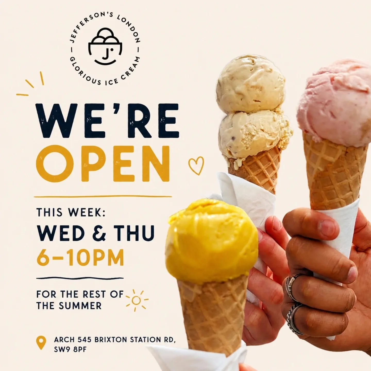☀️☀️Brixton summer time hours☀️☀️
.
.
It might not feel it today but we have sun in our veins and scoops in our hands from this Wednesday in Brixton 🍨❤️
.
.
Set your alarms for after work licks starting this week, from Wednesday through Sunday 🤩
.
