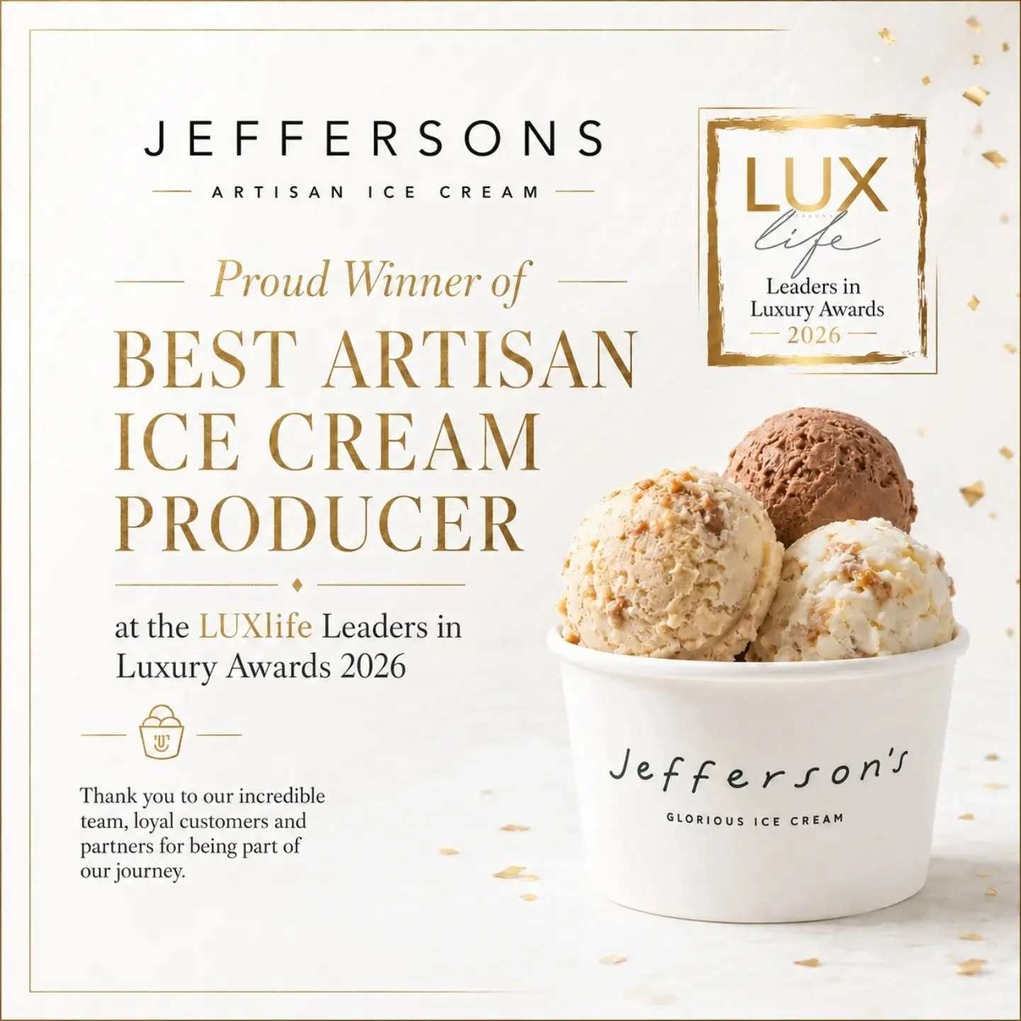 ✨ We&rsquo;re incredibly proud to have been named Best Artisan Ice Cream Producer 2026 at the @_luxlifemag luxlifemag Leaders in Luxury Awards. 🏆
.
.
A huge thank you to LUXlife for the recognition, and to our brilliant team, customers and wholesale