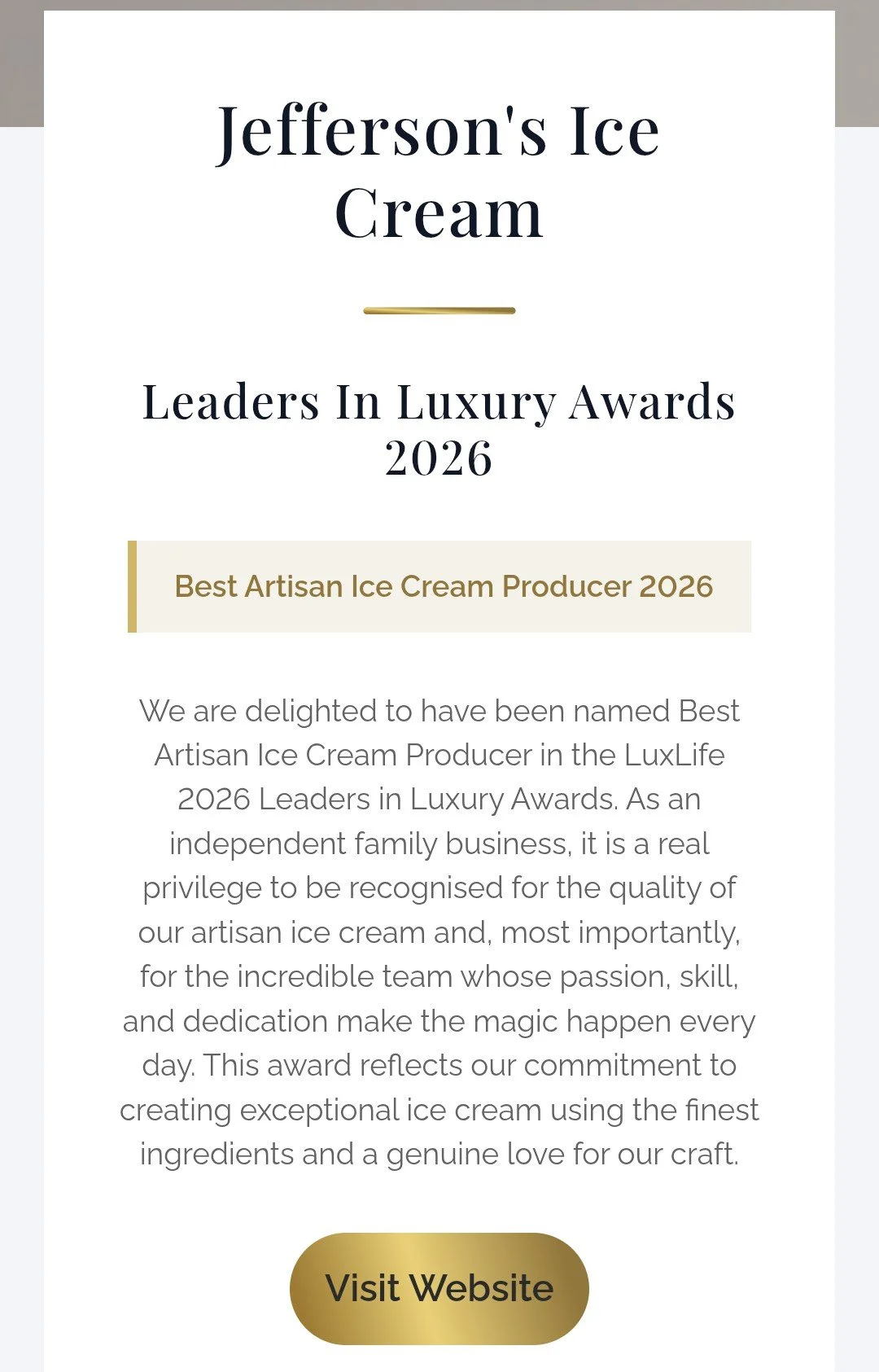 LuxLife Best Artisan Ice Cream Producer Award