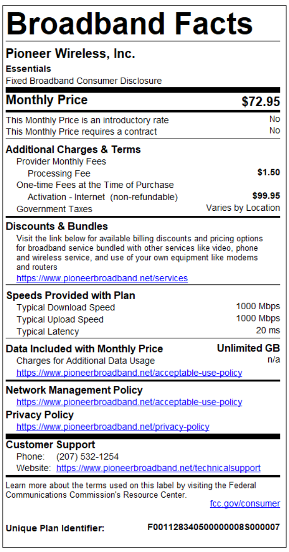 Broadband facts label for Pioneer Wireless, Inc. detailing fiber internet plan for $67.95 per month with speeds of 1000 Mbps upload and download, 20 ms latency, unlimited data, and policies on network management and privacy, including customer support contact information.
