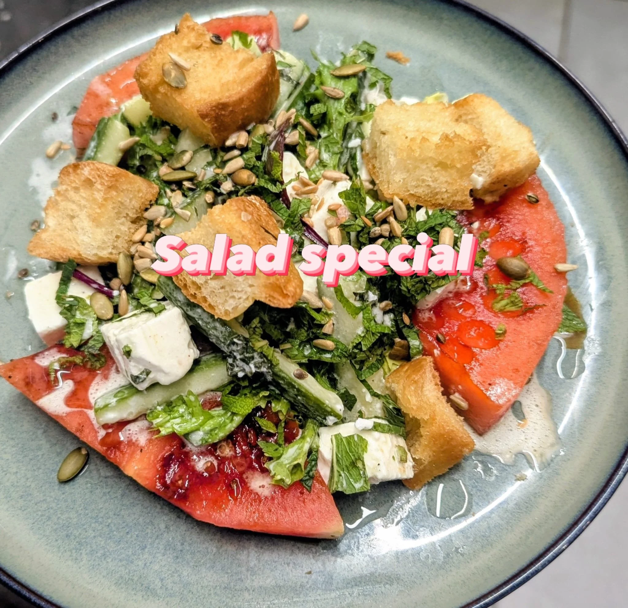 Meet our new grilled watermelon salad 🥗

Sweet grilled watermelon, creamy feta, crisp cucumber, crunchy croutons, toasted seeds, and fresh mint &mdash; fresh, vibrant, and packed with summer flavour.

Light, refreshing, and available now. Come give 