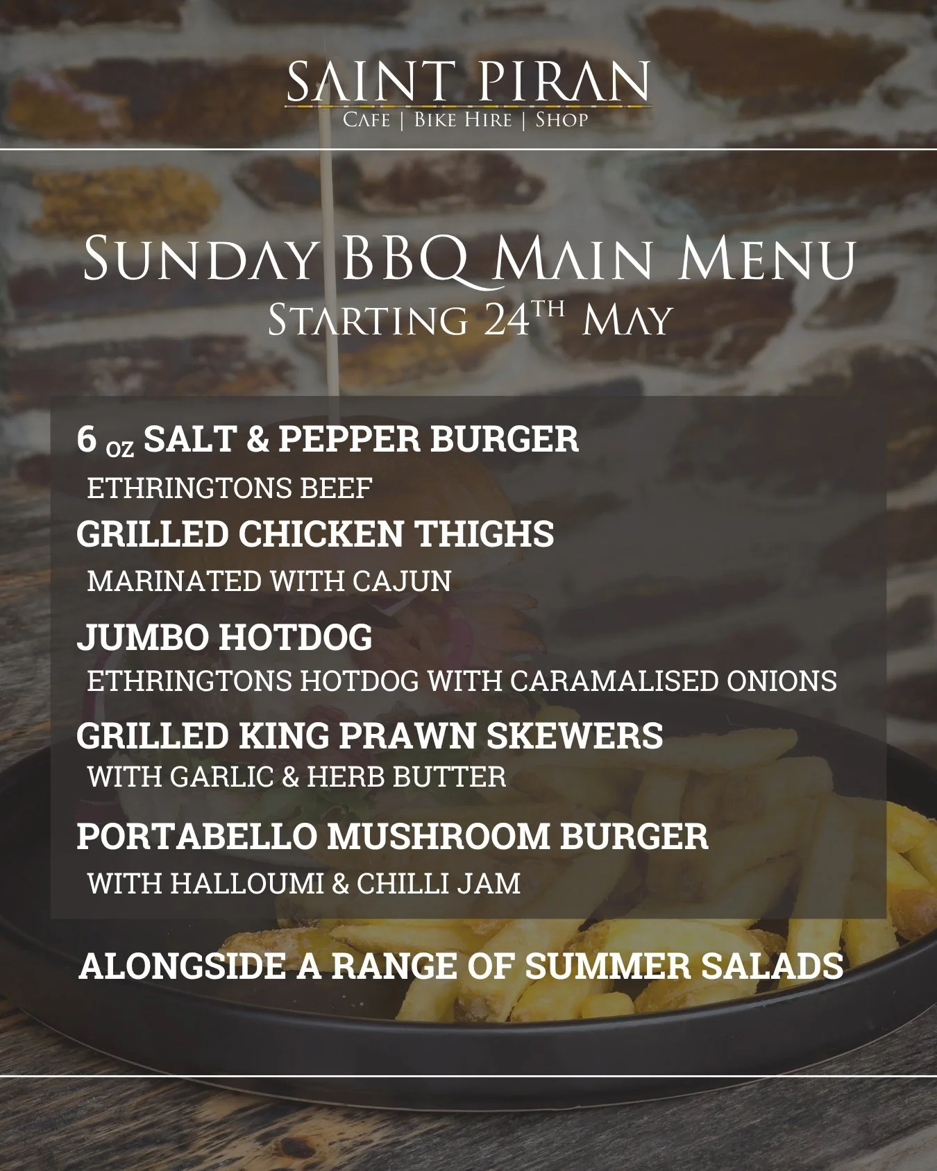 Turn on the Gas and get the Grill lit...
What we will have on offer for our Sunday BBQ's.
The BBQ menu will replace our Sunday Roast's and run between 12:00 and 15:00 every Sunday.