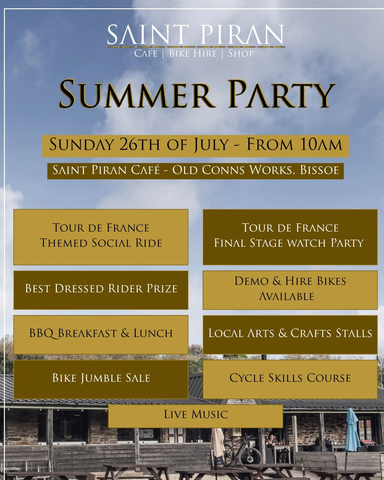 ☀️🚴 SAINT PIRAN SUMMER PARTY 2026 🚴☀️

Join us on Sunday 26th July from 10am at Saint Piran Caf&eacute;, a day packed with cycling, food, music and family fun!

We're currently looking for local arts, crafts, makers and independent businesses to jo