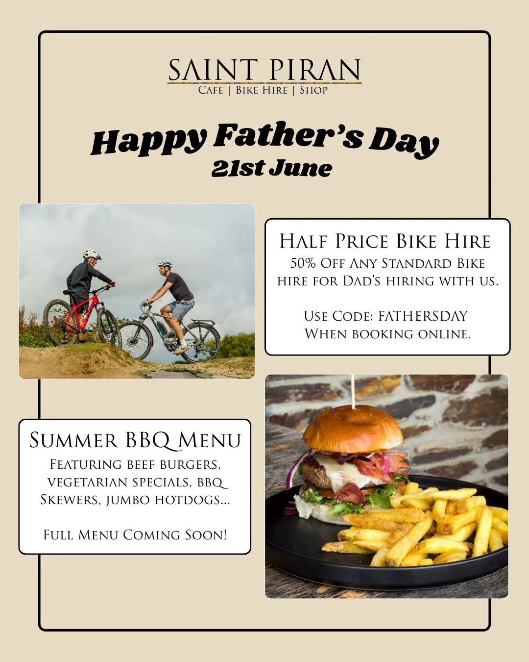 Treat the Dads This Father's Day!

This Father's Day, we're offering 50% OFF any standard bike hire for dads hiring with us!

What better way to celebrate than riding the stunning Coast to Coast Trail together? 
https://www.saintpirancafe.com/bike-hi