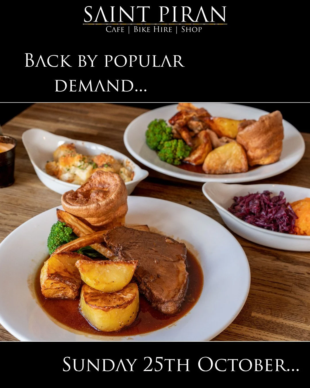 BACK BY POPULAR DEMAND!
Our Sunday Roasts are coming back! 

Starting Sunday 25th October, join us at Saint Piran for a proper Sunday roast with all the trimmings.
We&rsquo;re so excited to bring them back... 
#sundayroast