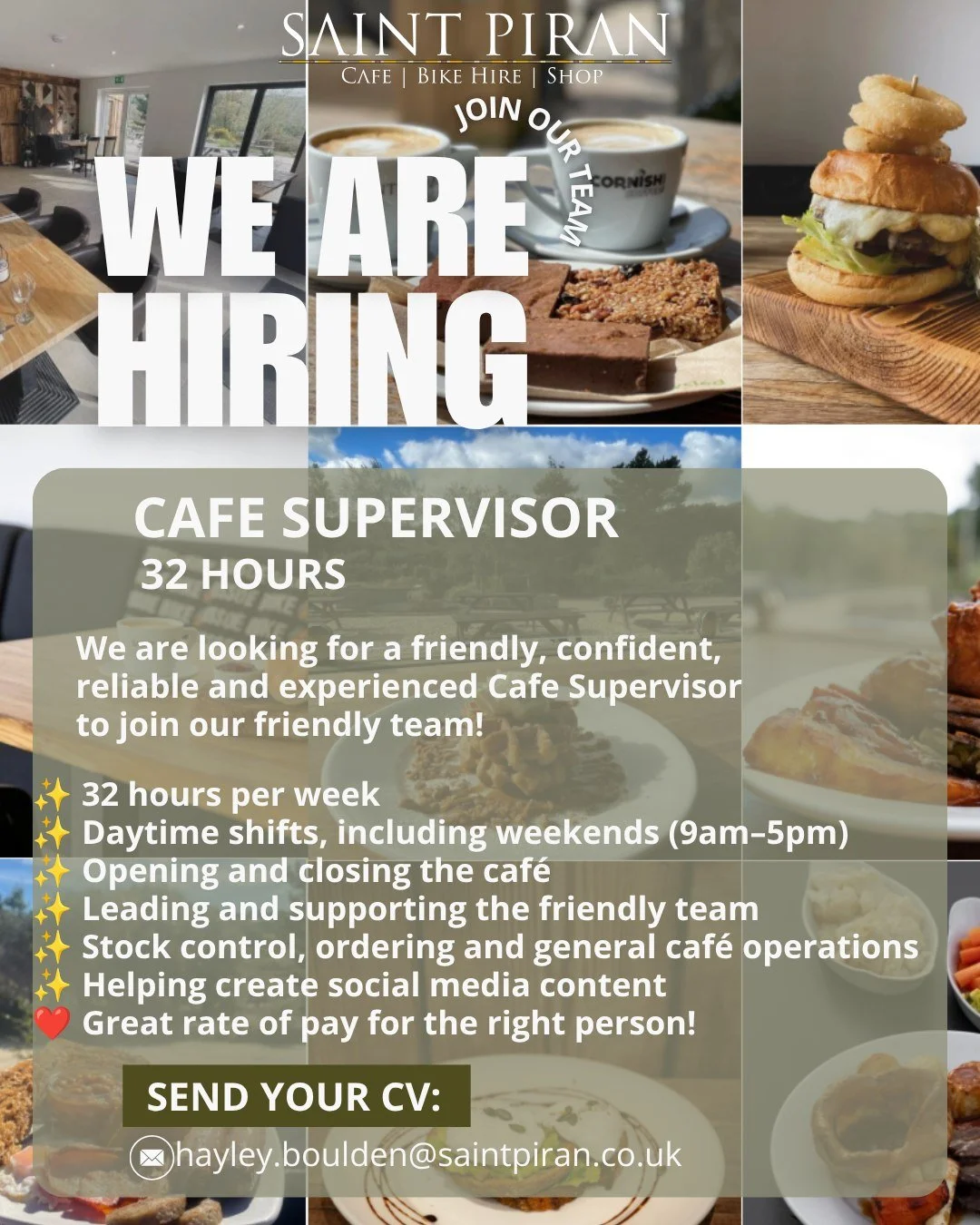 ☕ We&rsquo;re Hiring! 🚲

We&rsquo;re looking for an experienced Caf&eacute; Supervisor to join our friendly team at Saint Piran Caf&eacute;!

Someone reliable and confident who can take the lead and keep the caf&eacute; running smoothly when our man