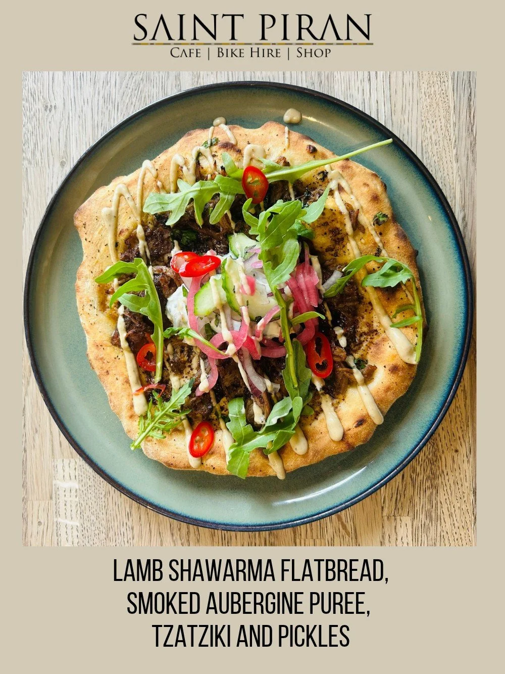 Todays special!

Lamb Shawarma Flatbread with smoked aubergine pur&eacute;e, fresh tzatziki and tangy pickles.

A delicious mix of Middle Eastern flavours, perfect for a bite after a ride or a visit to the caf&eacute;!

Pop in and give it a try! 
#Ca
