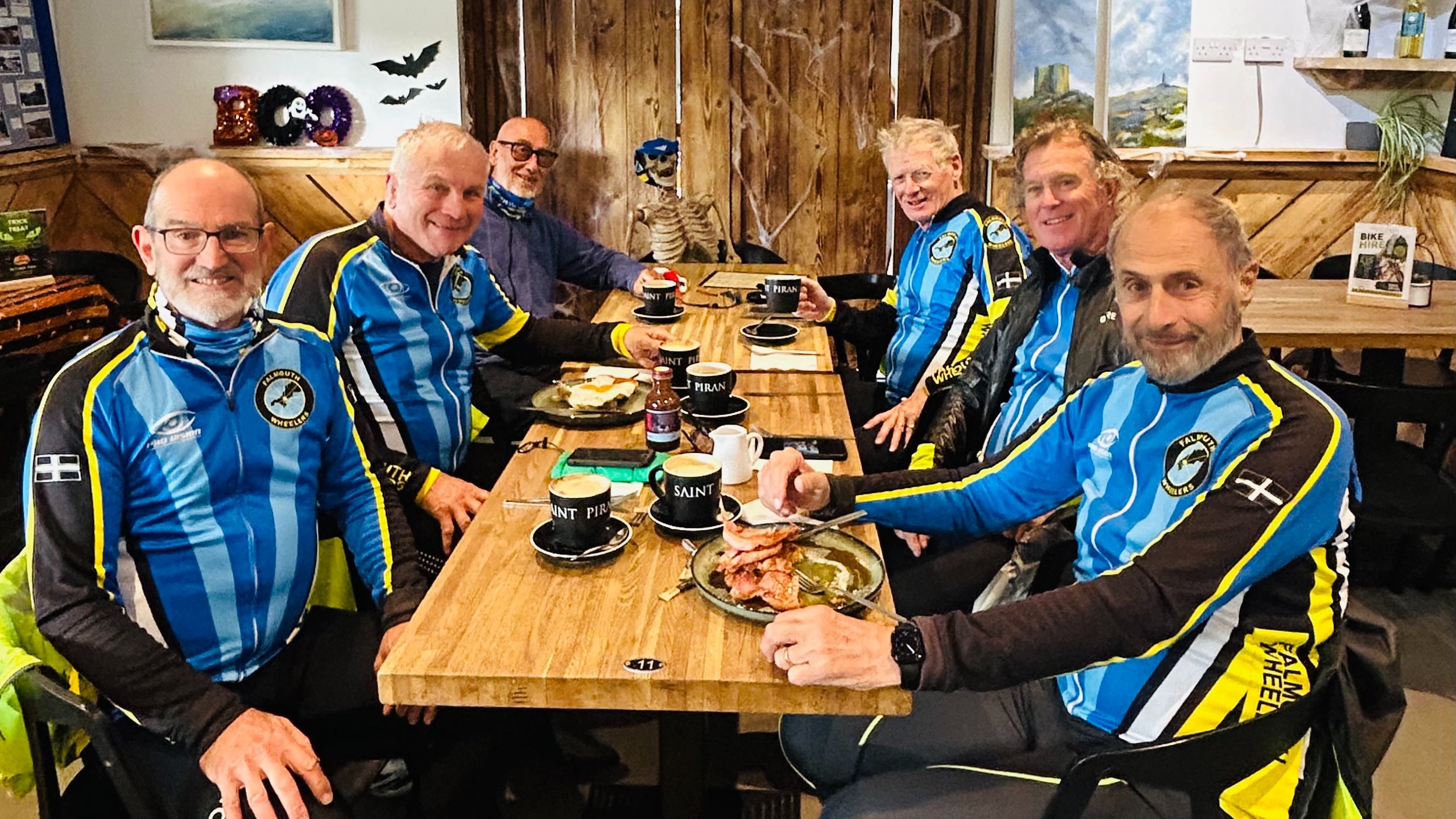 Lovely to welcome the Falmouth Wheelers to Saint Piran Cafe today! Thanks for popping in for a well-earned pit stop, a coffee and something tasty. 🚲

💀 Even our skeleton has stopped for a coffee break&hellip; looks like he&rsquo;s been waiting for 