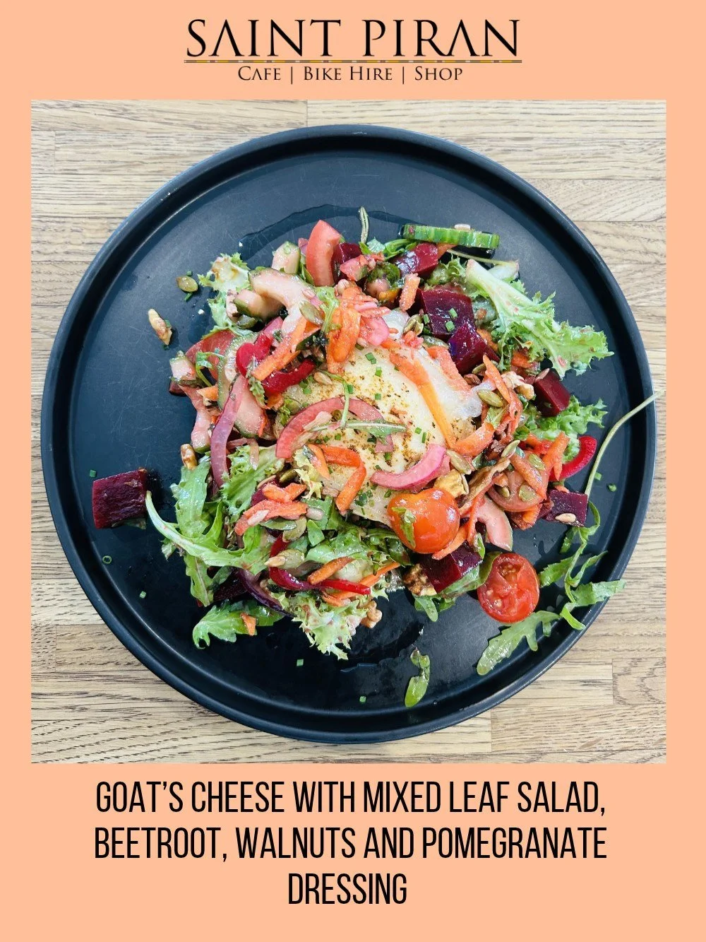 Chef&rsquo;s Special at Saint Piran Cafe!

Creamy goat&rsquo;s cheese, fresh mixed leaf salad, beetroot, crunchy walnuts and a delicious pomegranate dressing. 

A lovely fresh and tasty special, perfect for lunch!

#ChefsSpecial #CafeLunch #CornishCa