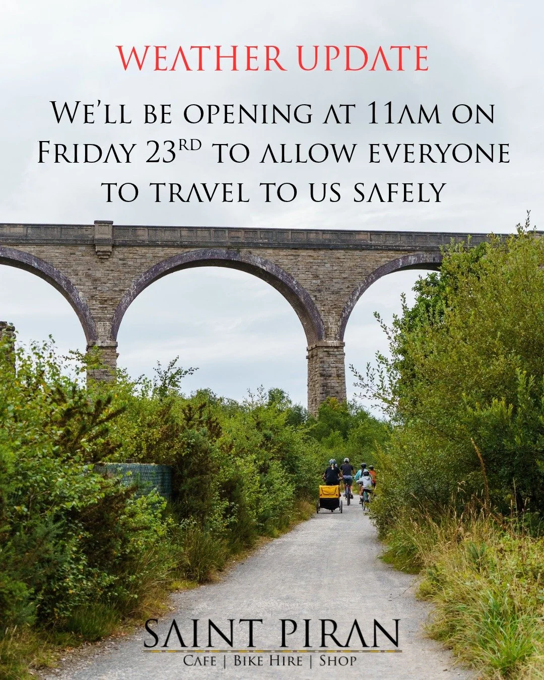 ⚠️ Late Opening Tomorrow &ndash; 11am

Due to the weather warning in place, Saint Piran Cafe will be opening at 11am tomorrow to allow everyone to travel safely.

Thank you for your understanding. Please take care and stay safe.

#SaintPiranCafe #Sta