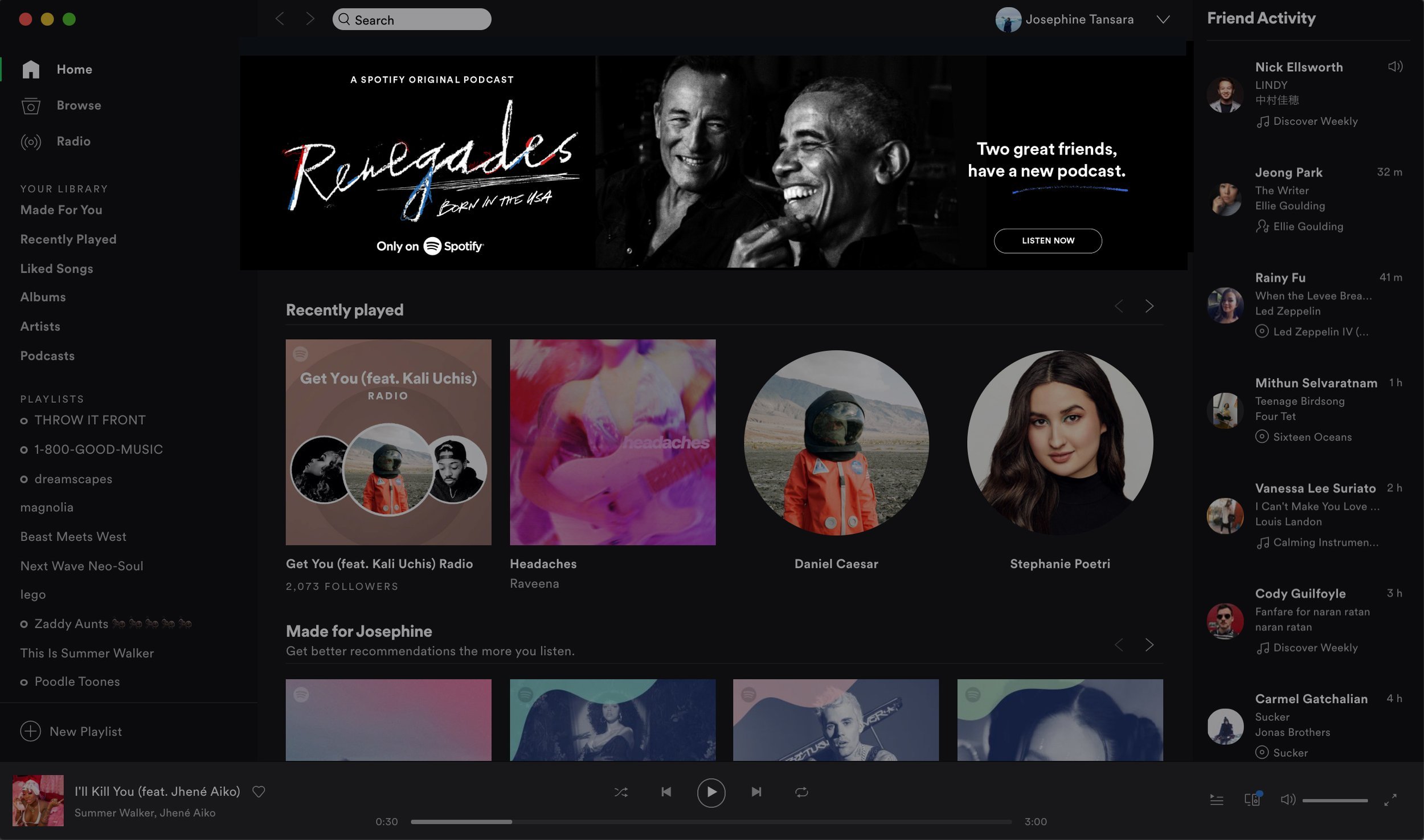 Spotify homepage + messaging