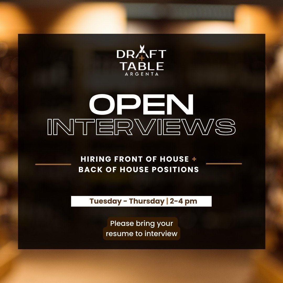 Become a part of the D+T Family 🎉 Join us for Open Interviews THIS WEEK!
🕑 Tuesday - Thursday from 2-4 pm.

+ Hiring FOH and BOH positions
+ Full or Part Time positions
+ Weekend availability required
+ Bring resume + 2 forms of ID