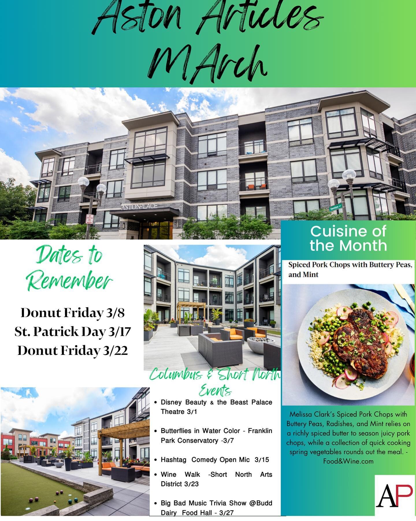 March has arrived!☘️☘️ Check out our Aston Place Articles Newsletter for some fun and exciting events taking place this month. Check out @experiencecolumbus &amp; @shortnorthartsdistrict  for more events this month!
