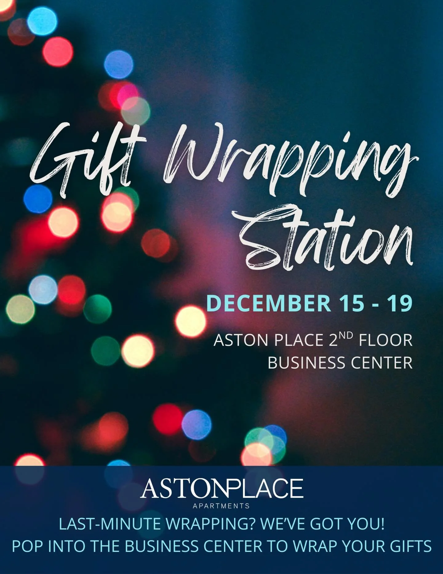 &lsquo;Tis the season for pretty packages! 🎁✨
Residents, please join us Dec 15&ndash;19 in the Business Center to wrap your gifts and get into the holiday spirit. Happy wrapping, Aston Place! 🎄💙