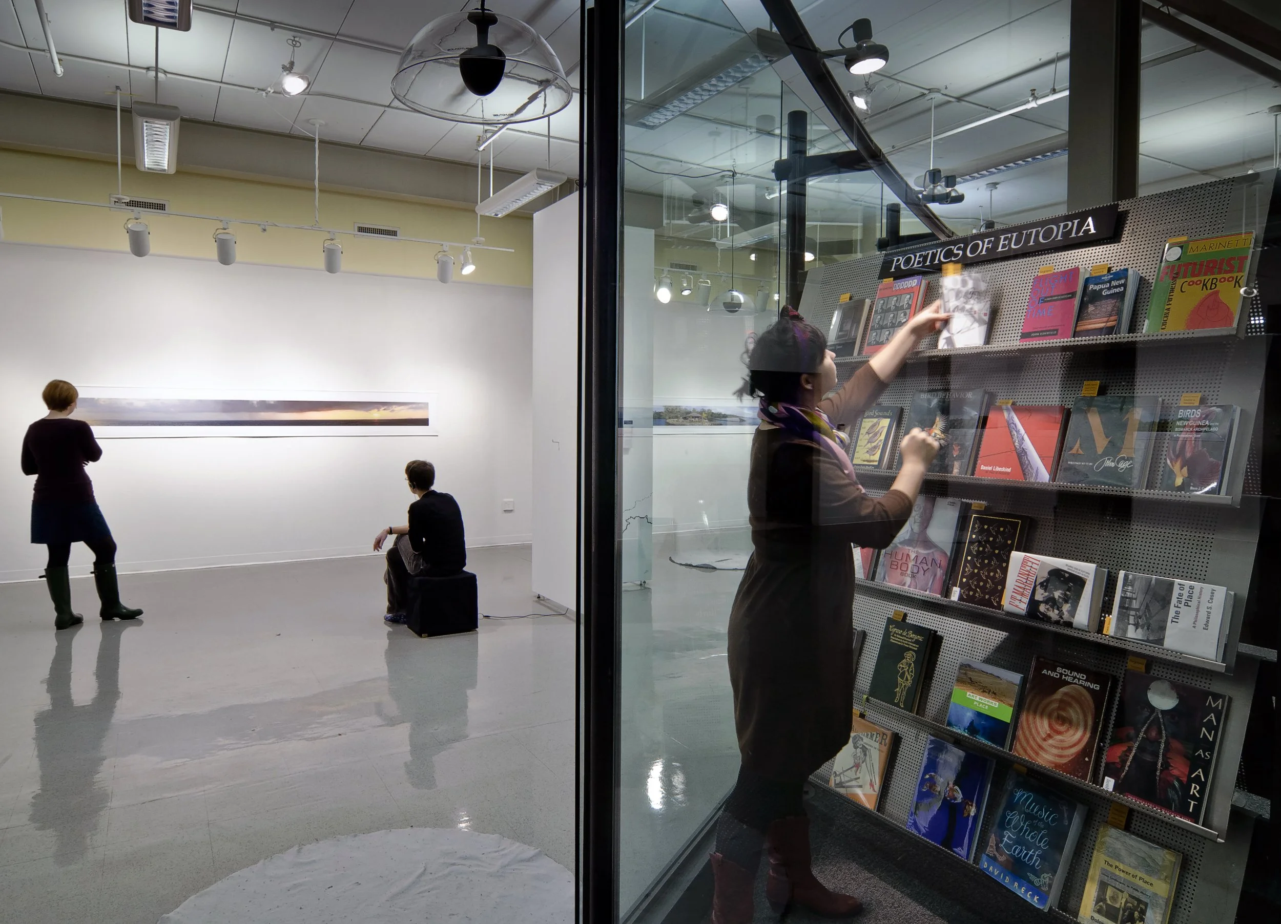 Installation view showing the work and a specially curated selection of books at the adjacent Decker Library, with titles that compliment the themes of the exhibition