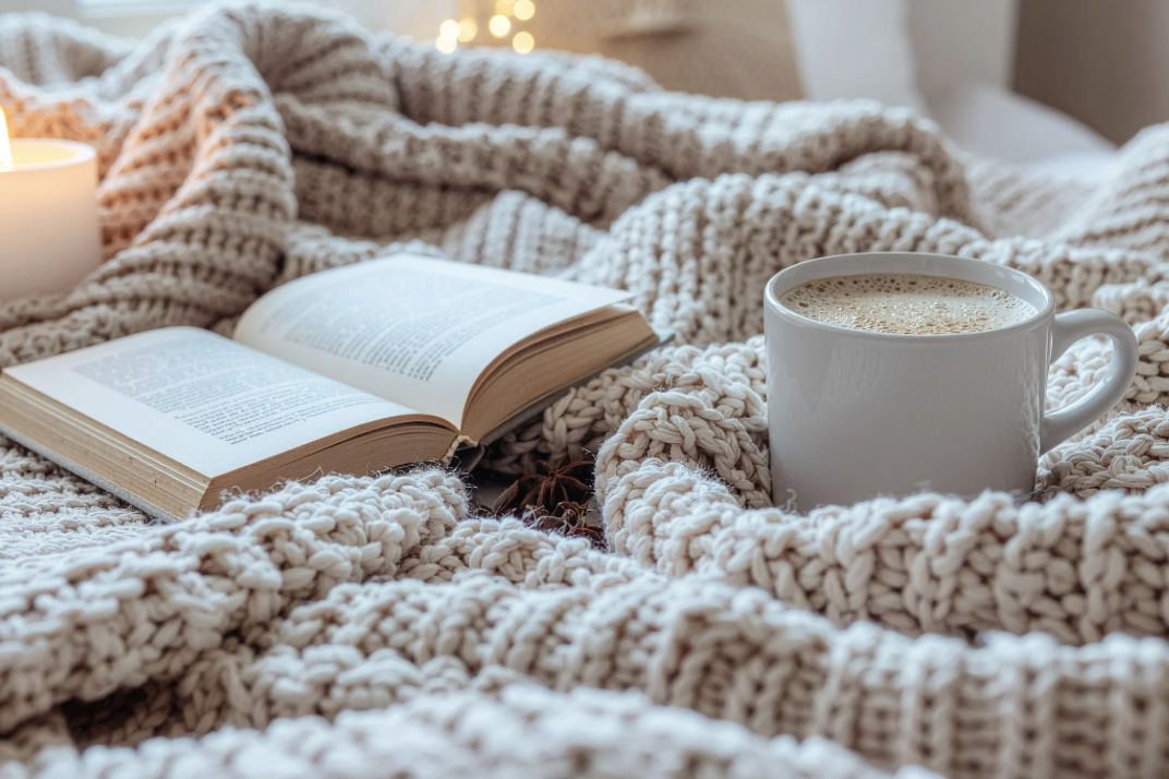 cozy blanket with open book and hot cocoa