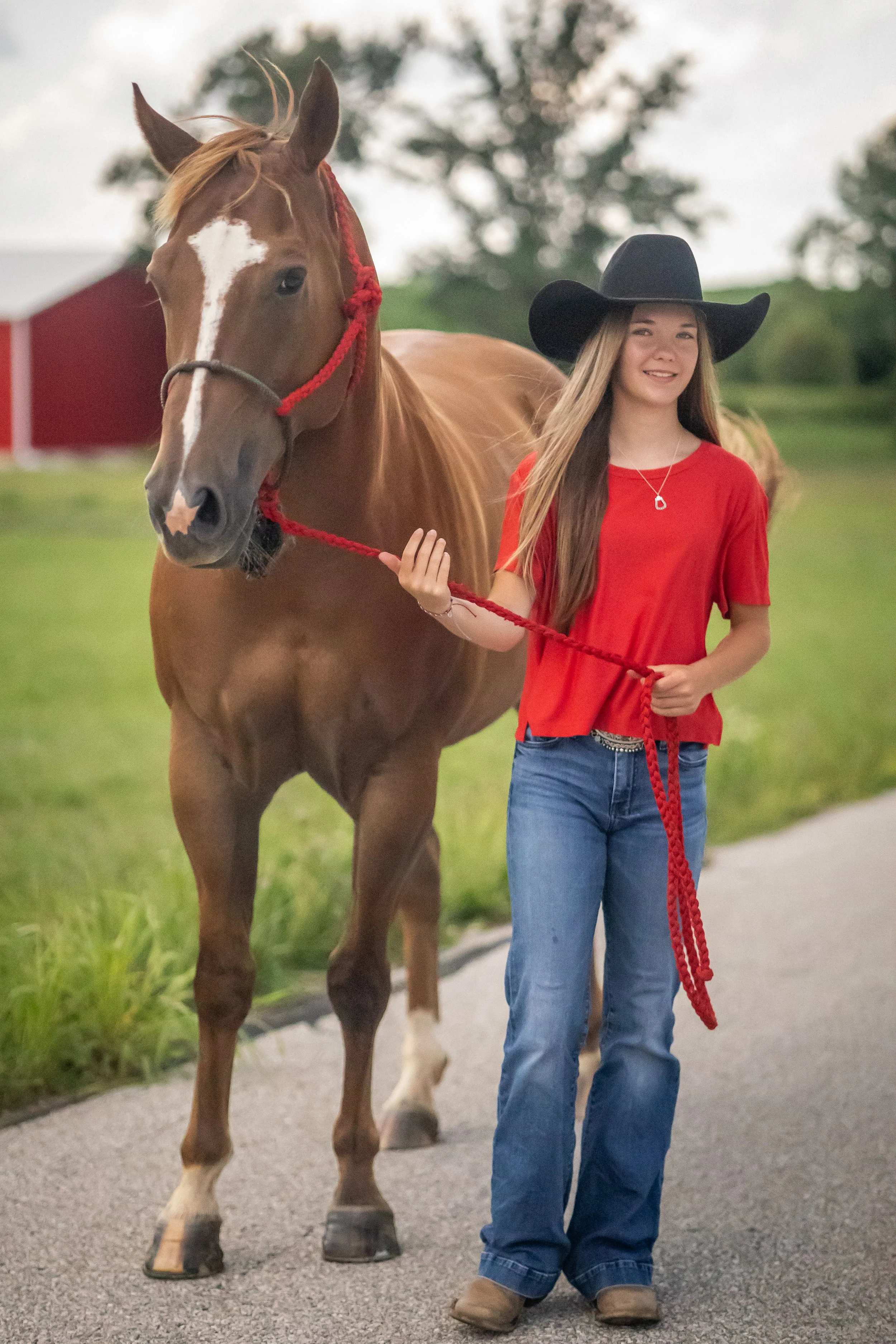A young woman wearing a red shirt, blue jeans, and a black cowboy hat leading a brown horse with a red halter on a rural path.