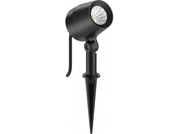 Black outdoor landscape spotlight with stake for ground installation.