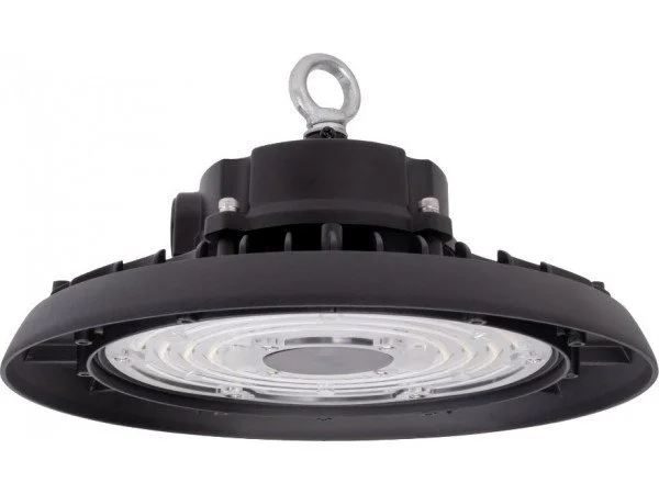 A black LED high bay light fixture with a hook for hanging.