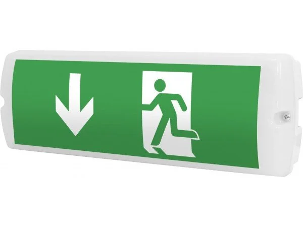 Green emergency exit sign with a downward arrow and a running figure