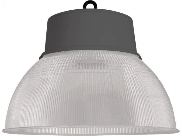Highbay ceiling-mounted industrial-style pendant light with a ribbed glass shade and black fixture