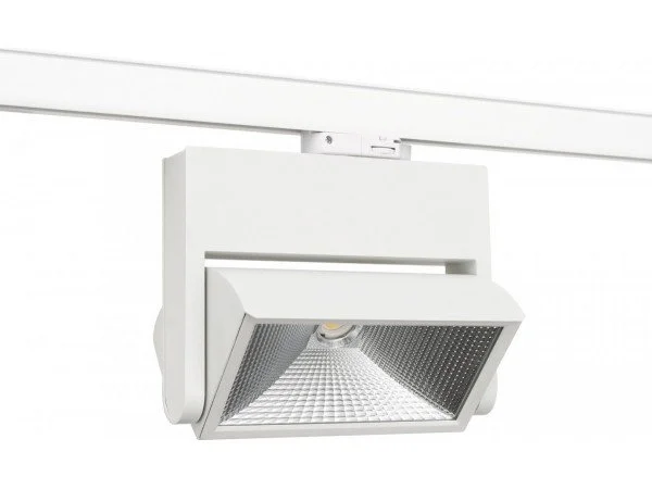 White track light fixture mounted on a ceiling, with a rectangular housing and an adjustable LED spotlight.