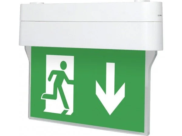 Emergency exit sign with a running figure and downward arrow.