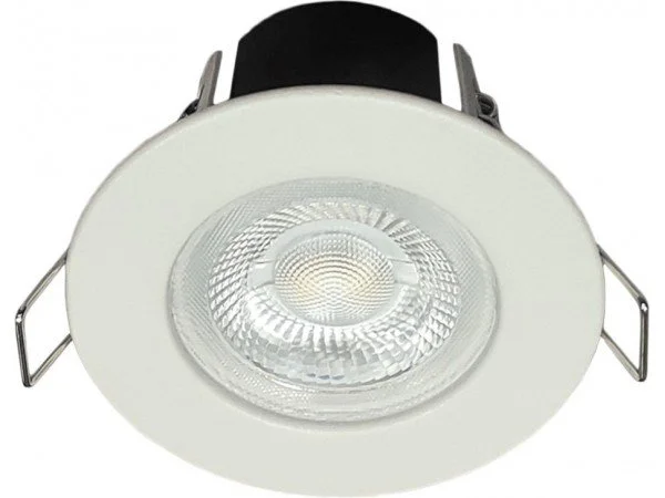 Recessed ceiling light fixture with white trim and a glass cover.