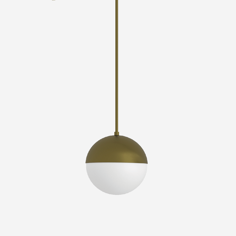 Modern ceiling pendant light with a half-moon shape, featuring a gold upper half and a white lower half, hanging from a thin rod.