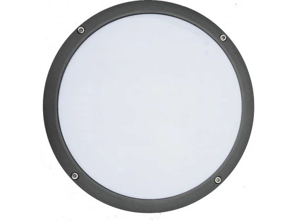 Round LED panel light with a black frame and four screw holes.