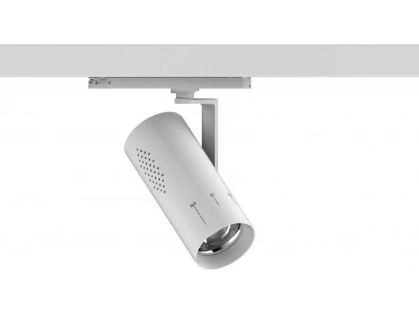 White adjustable track lighting fixture attached to a ceiling mount.