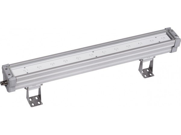 Long aluminum LED industrial light fixture with mounting brackets.