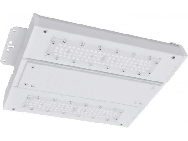 Highbay White LED light fixture with multiple LED panels installed inside a metal housing.