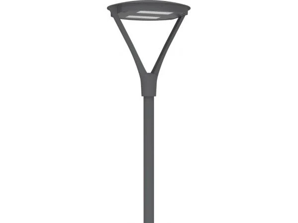 A modern streetlamp with a gray pole and a circular light fixture at the top.