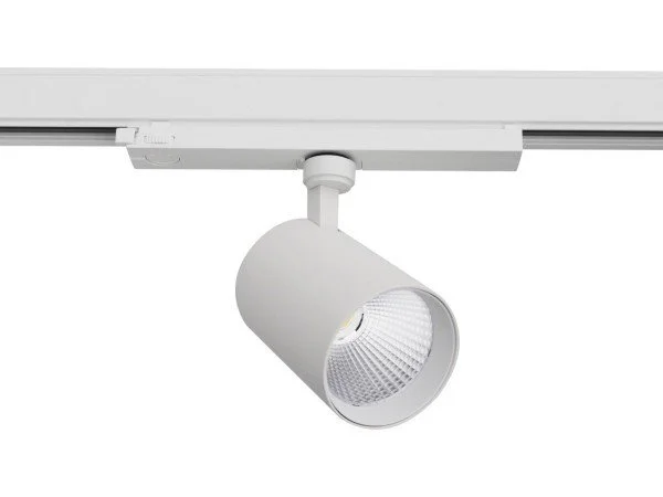 White track lighting fixture with a cylindrical spotlight attached to a track on a white ceiling.