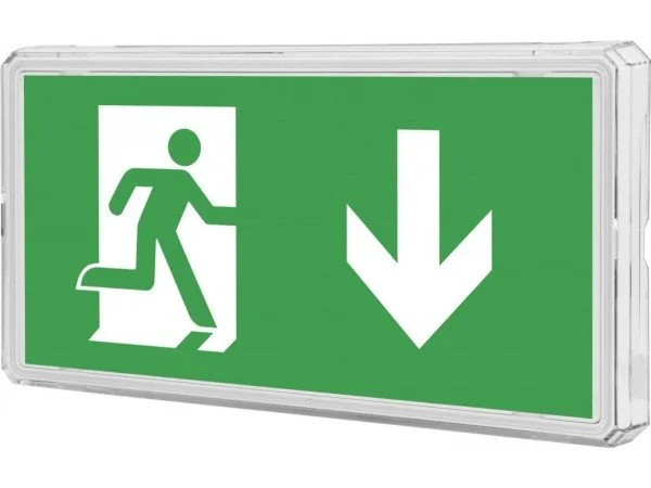 A green emergency exit sign with a running person icon and a downward arrow.