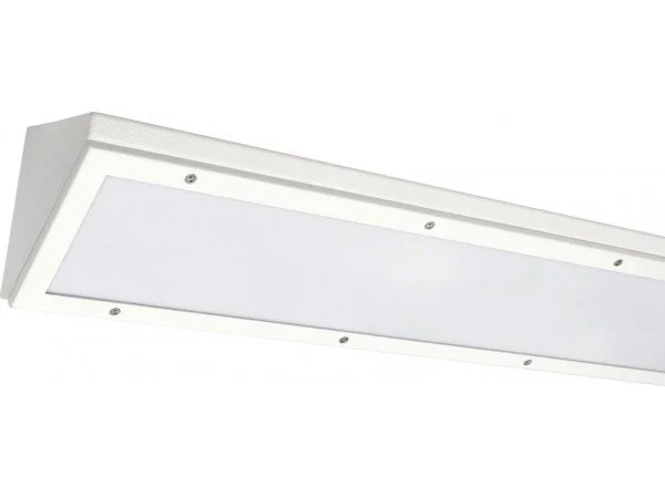 White rectangular ceiling LED light fixture with screw holes for mounting.