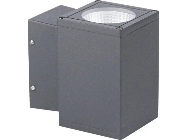 Gray outdoor wall-mounted LED floodlight with a rectangular metal housing and a circular LED light panel on top.