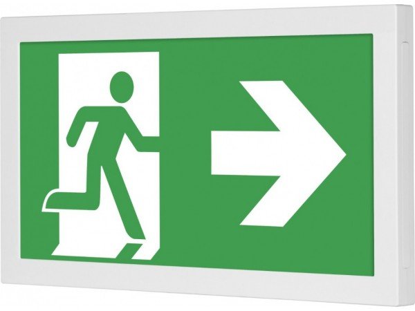 Green emergency exit sign with a running figure heading towards a door and an arrow pointing right.
