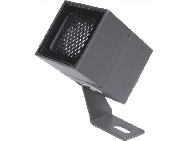 Black outdoor LED floodlight mounted on a metal bracket