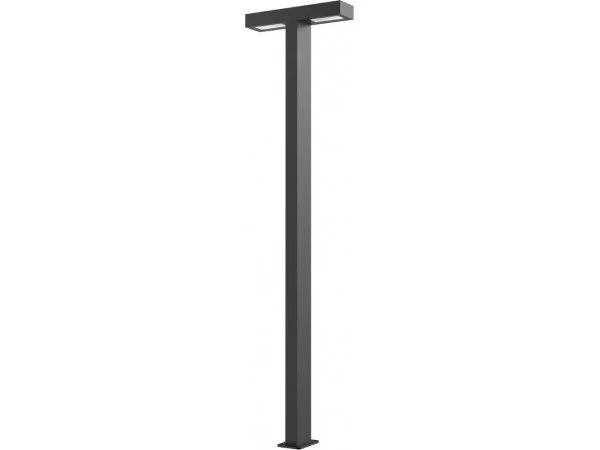 A tall, black streetlight pole with a rectangular light fixture on top.